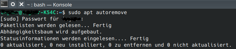 Bild aus dem Terminal mit nicht mehr benötigten Paketen